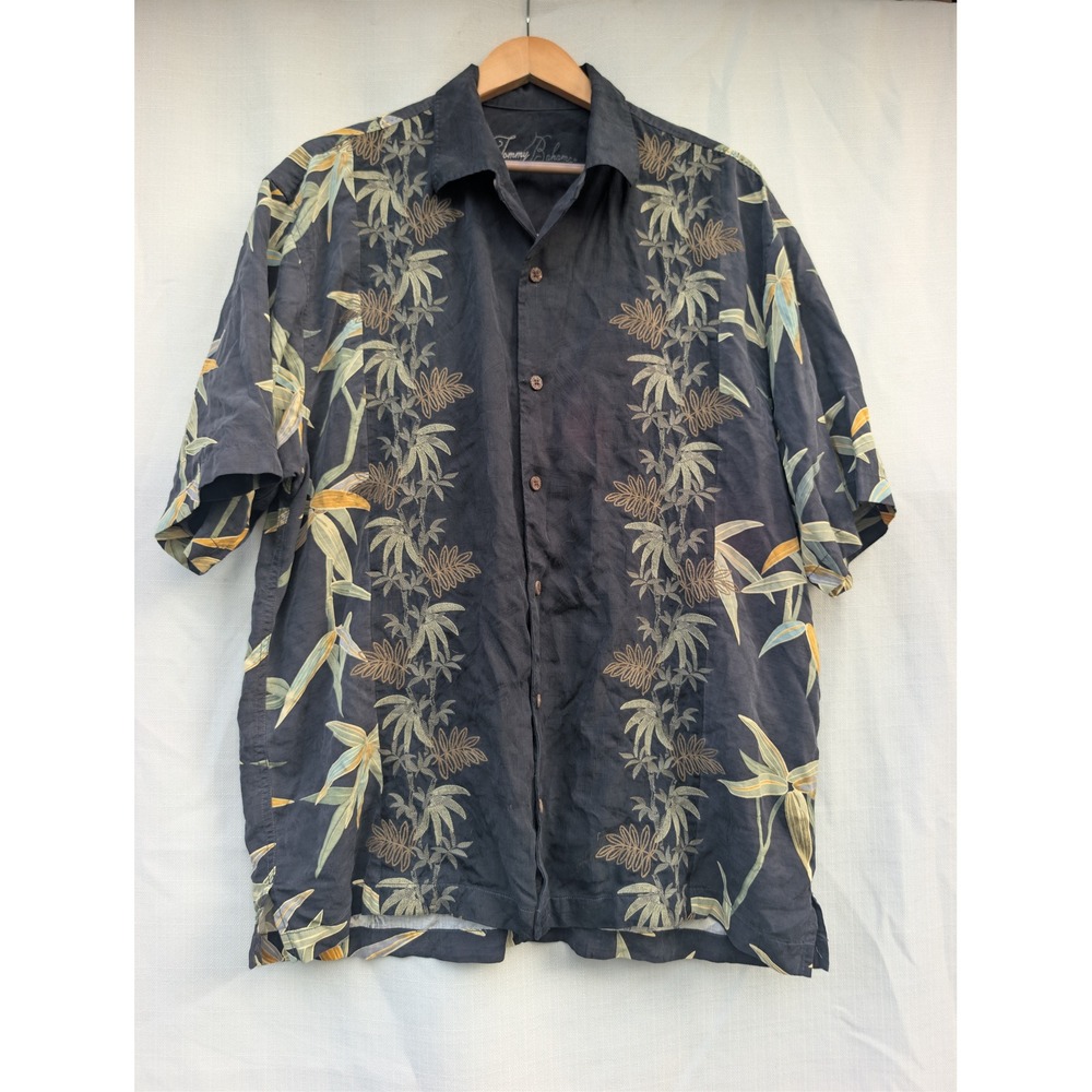 Tommy Bahama Embroidered Camp Shirt Mens XL Black Bamboo 100 Silk Tropical